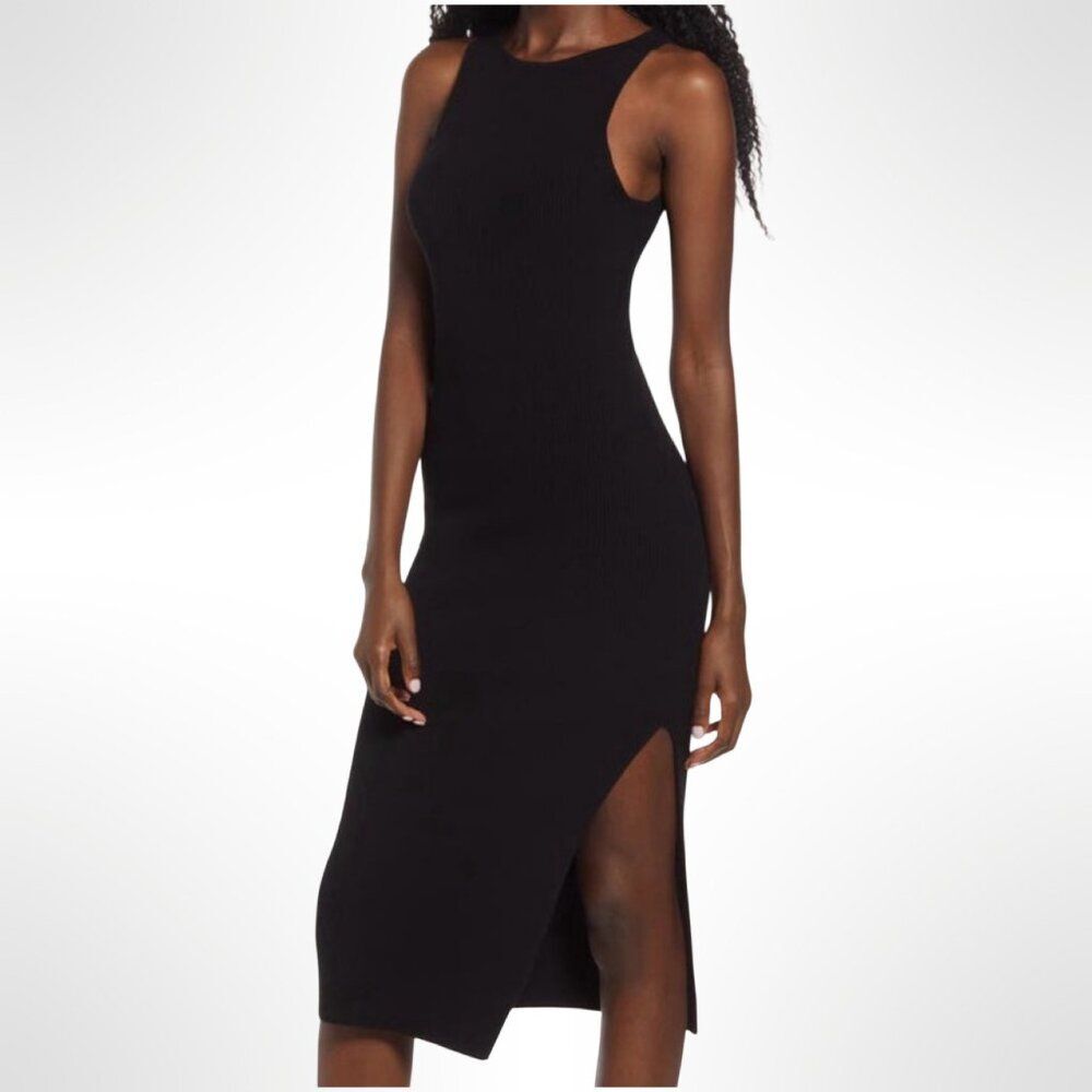 Leith Ribbed Knit Midi Dress with Slit in Black | XS